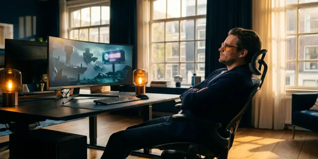 Nederlandstalige bureaumedewerker bestudeert gaming-omgeving op monitor in Amsterdams grachtenpand met warme middaglichtinval.