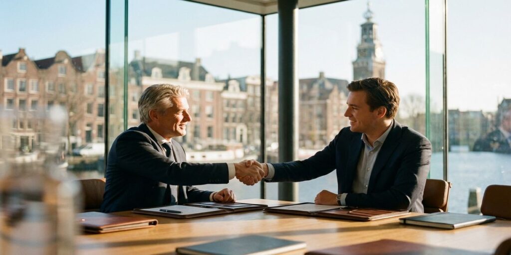 Nederlandse zakenman schudt handen met klant in modern kantoor met uitzicht op Amsterdamse grachten