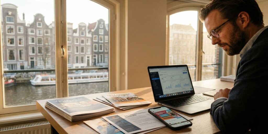 Nederlandse zakenvrouw aan bureau met reclame-materialen en laptop, Amsterdam grachtenhuizen op achtergrond