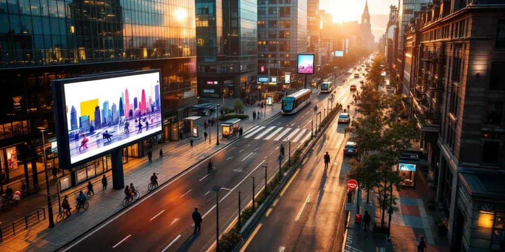 Luchtfoto van Nederlandse stadsstraat met digitale reclameborden, traditionele posters bij tramhaltes en typische architectuur