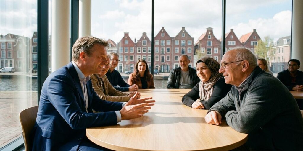 Nederlandse ambtenaar in gesprek met diverse burgers rond tafel in modern gemeentehuis met kanaluitzicht