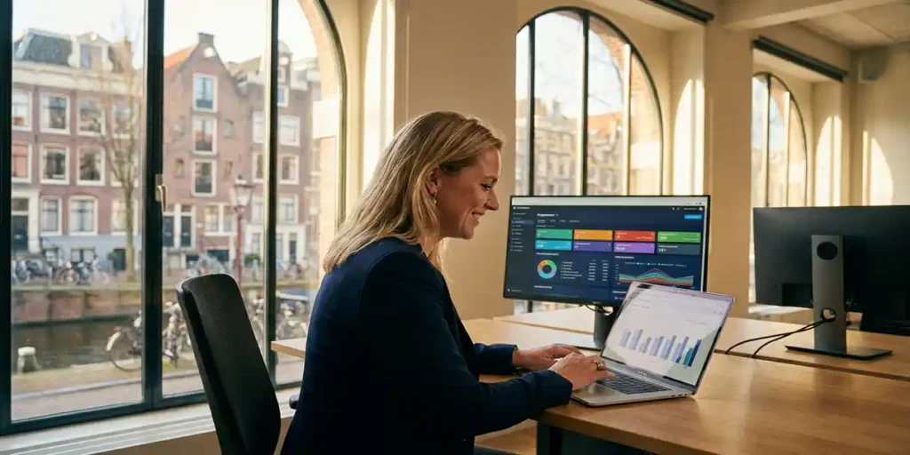 Nederlandstalige mediaprofessional analyseert campagneprestaties op laptop in zonnig Amsterdams grachtenpand met programmatic dashboard op tweede scherm.