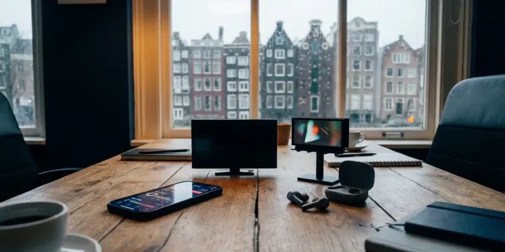 Bureau met smartphone, CTV-scherm, DOOH-billboard miniatuur en oordopjes als mediatouchpoints in een Haarlemse studio met Amsterdamse gevelzicht.