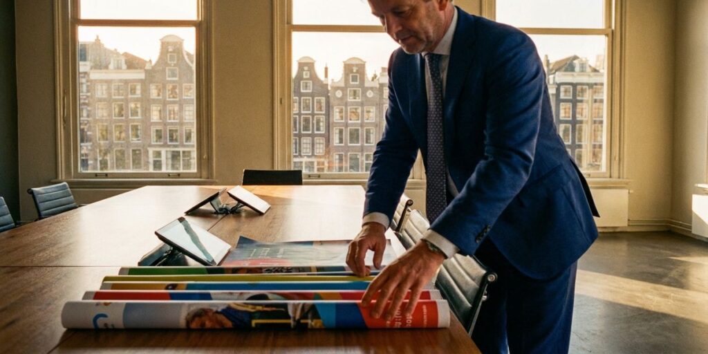 Nederlandse zakenman in marineblauw pak past reclamemateriaal aan in kantoor met uitzicht op Amsterdamse grachten