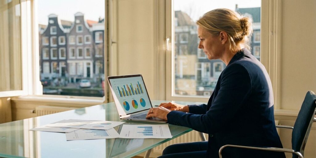 Nederlandse zakenvrouw analyseert kleurrijke datavisualisaties op laptop aan glazen bureau met grachtenpanden op achtergrond