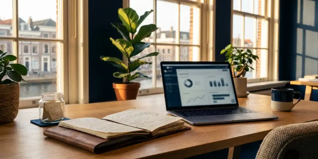 Eikenhouten bureau in een Haarlems kantoorkantoor met opengeslagen leren notitieboek, laptop met publiekssegmenten en glazen pot met gevouwen notities.