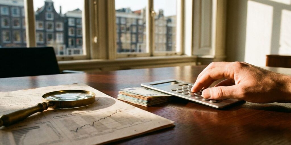 Houten bureau met eurobiljetten, rekenmachine en vergrootglas op financiële grafieken, Amsterdam kantoor op achtergrond