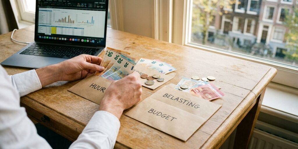 Handen sorteren Nederlandse eurobiljetten en munten in gelabelde enveloppen op houten bureau met laptop en spreadsheets