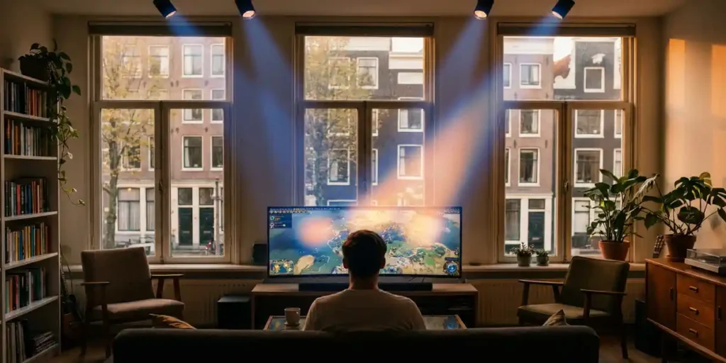 Nederlandse gamer in Amsterdams appartement speelt op groot monitor, verlicht door warm avondlicht door hoge grachtenhuisramen.