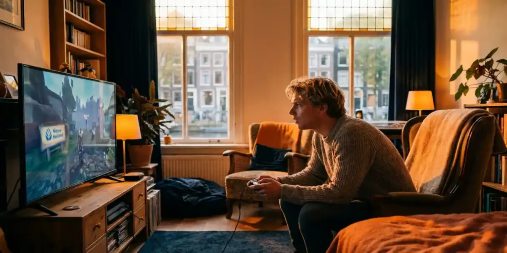 Jonge man speelt consolegame in Amsterdams appartement met warme avondverlichting en een reclame zichtbaar in de gamewereld.