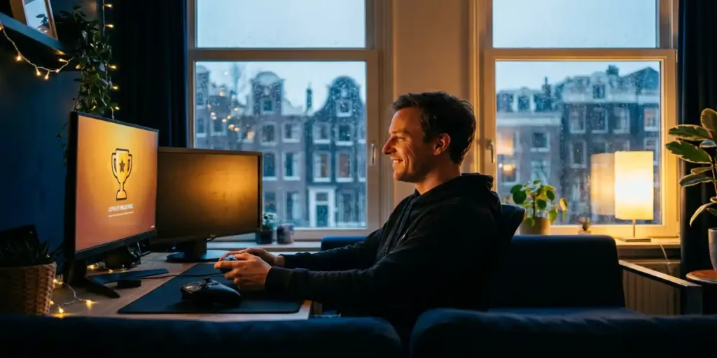 Gamer in Amsterdams appartement viert loyaliteitsmijlpaal, gouden trofee gloeit op monitor met grachtenpandsilhouetten op regenachtig raam.