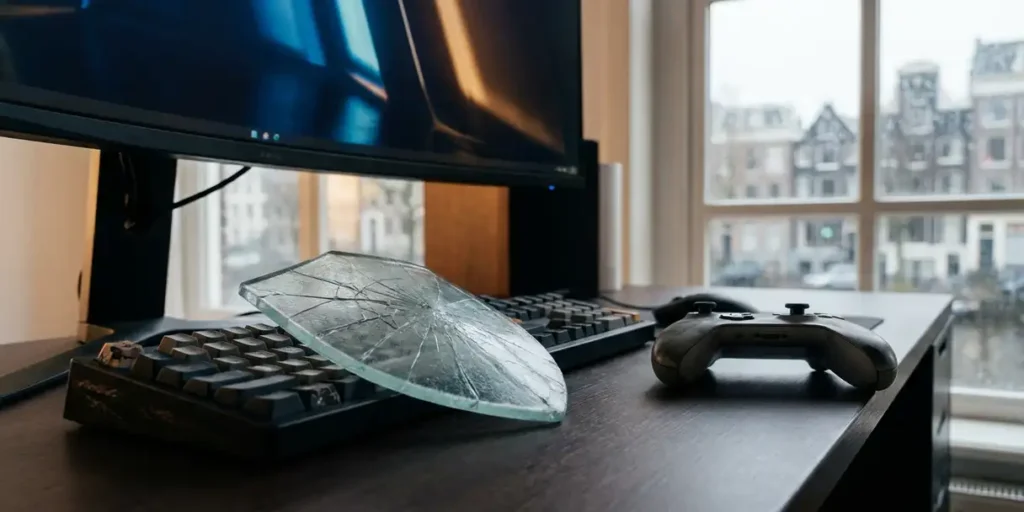 Gebarsten glazen schild op een gaming setup met mechanisch toetsenbord en controller, blauw en amber neonlicht, Amsterdams kanaal op de achtergrond.
