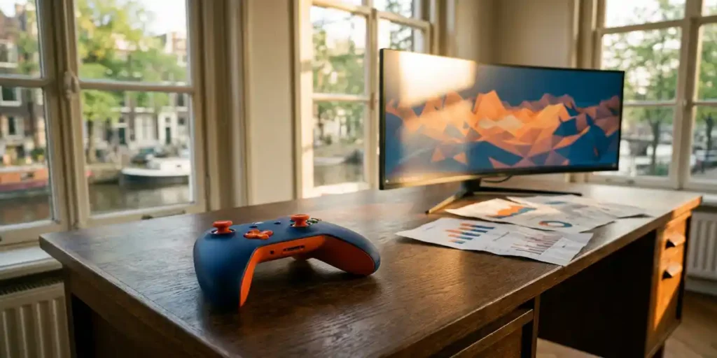Gamecontroller op Hollands designbureau naast monitor met abstract spellandschap, warm Amsterdams kanaallicht en data-prints op de achtergrond.