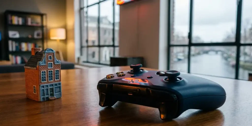 Zwarte gaming controller op gepolijst bureau naast miniatuur Amsterdams grachtenpand, warm amberkleurig licht in modern loft-interieur.