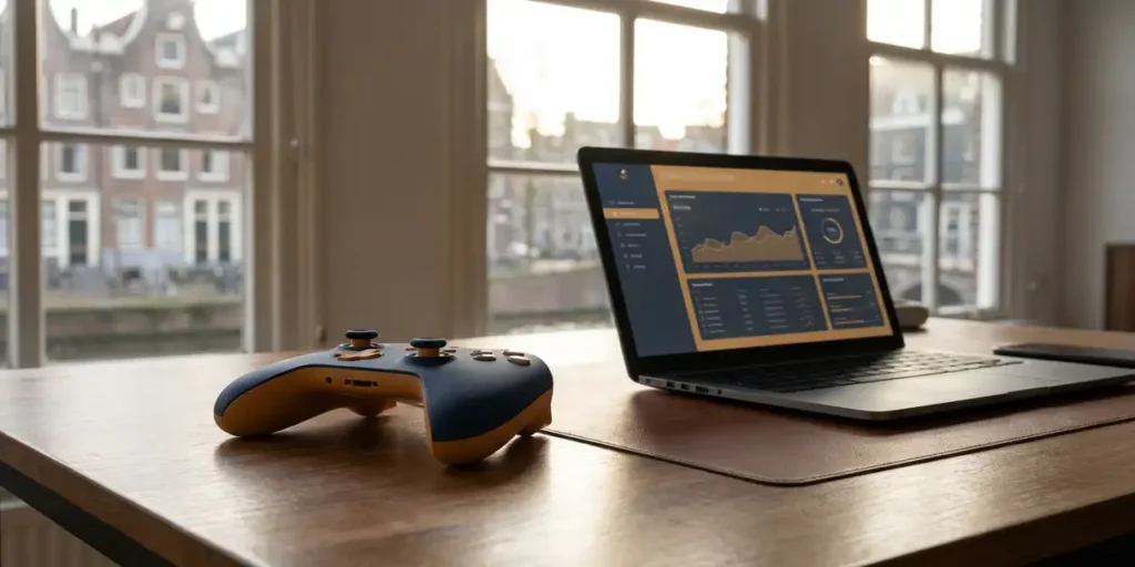 Gamecontroller op bureau naast laptop met programmatisch dashboard, warm middaglicht door Haarlemse grachtenpandvensters.