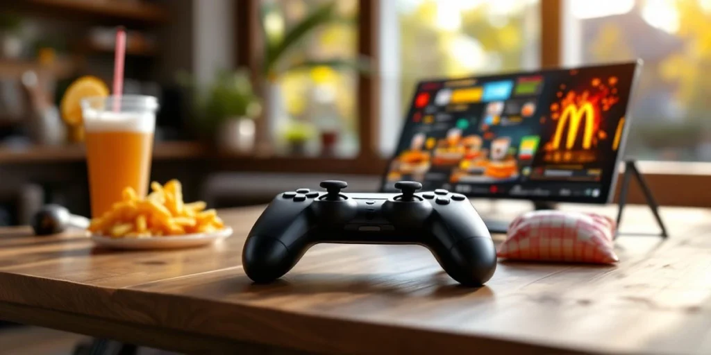 Gaming controller op houten tafel met virtueel fastfood restaurant op scherm, Nederlandse snacks rondom, natuurlijk licht