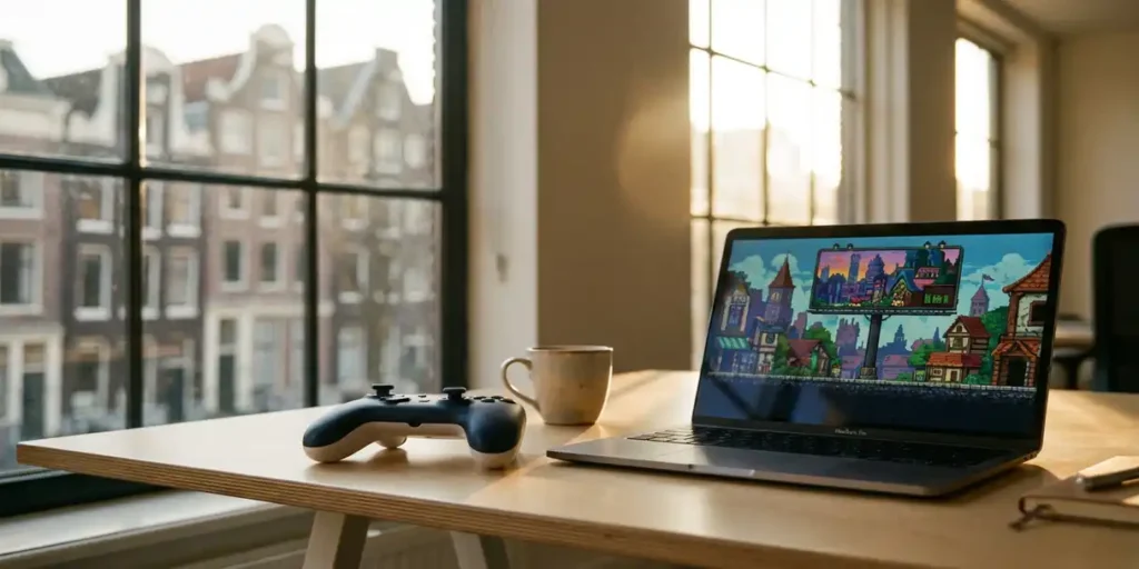 Gaming controller op bureau naast laptop met in-game billboard, Amsterdams grachtengebouw zichtbaar door industriële ramen in warm middaglicht.