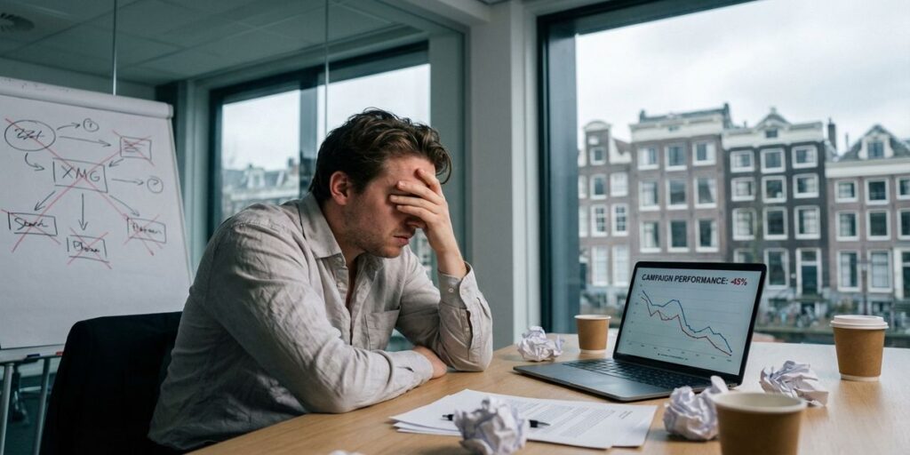 Gefrustreerde marketingprofessional aan bureau met verkreukelde campagnematerialen en dalende analytics op laptop
