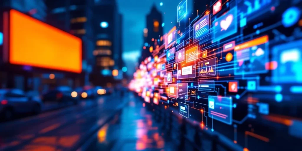 Split-screen weergave van geïntegreerde marketingkanalen: digitaal billboard links, zwevende schermen met apps rechts, verbonden door lichtstralen