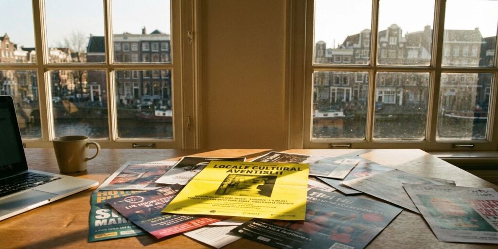 Gele advertentieflyer op rommelig houten bureau in Amsterdam kantoor met kanaluitzicht en natuurlijk licht