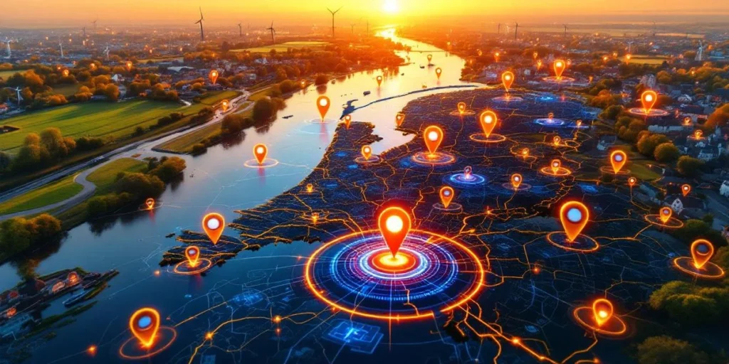 Luchtfoto van Nederland met digitale kaart overlay, gloeiende locatiepinnen op steden en geotargeting interface elementen