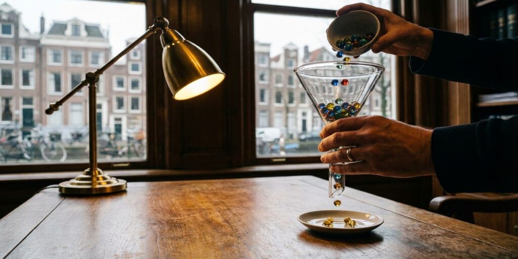 Glazen trechter op houten bureau met kleurrijke bollen die veranderen in gouden bollen, Amsterdam kantoor op achtergrond