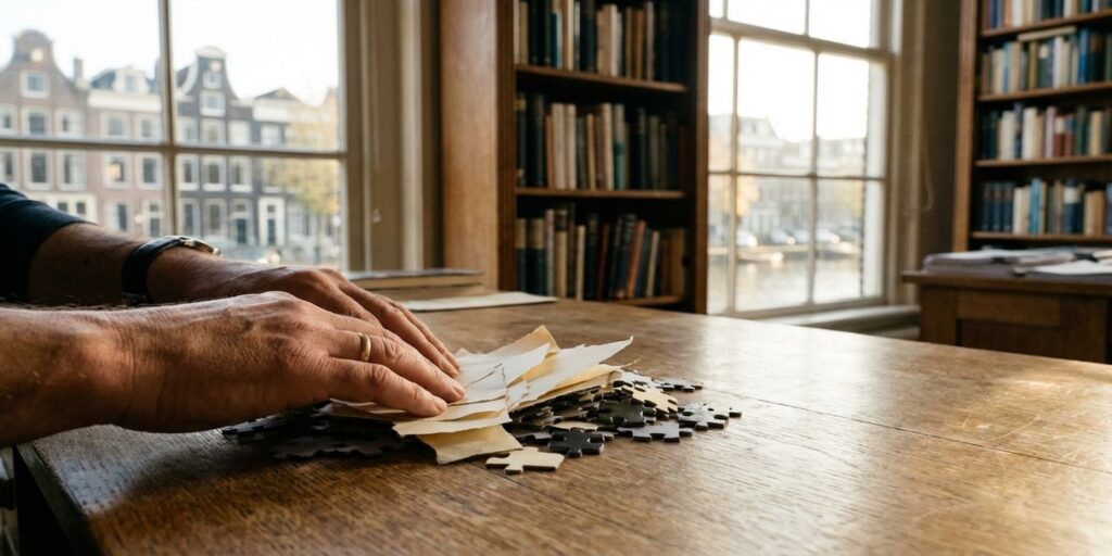 Handen verzamelen gescheurde papiersnippers en puzzelstukjes op houten bureau in Amsterdam kantoor met kanaluitzicht