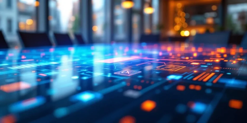 Moderne Nederlandse kantooromgeving met holografische marketinggrafieken boven glazen conferentietafel, futuristische technologie
