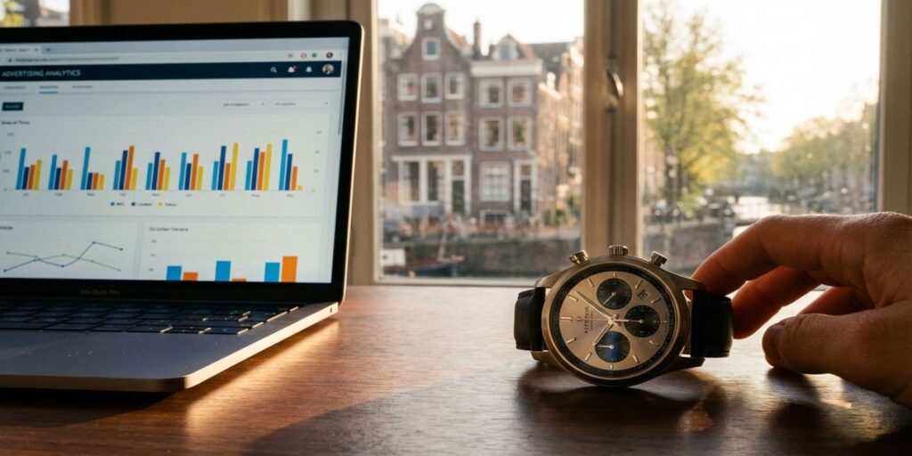 Moderne polshorloge met tijdzones op houten bureau naast laptop met analytics, Nederlandse grachtenhuizen op achtergrond