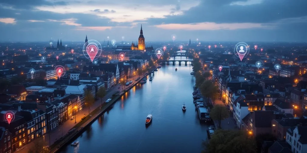 Luchtfoto Nederlandse stad met grachten en digitale targeting-cirkels die hyperlocal advertentienetwerken visualiseren