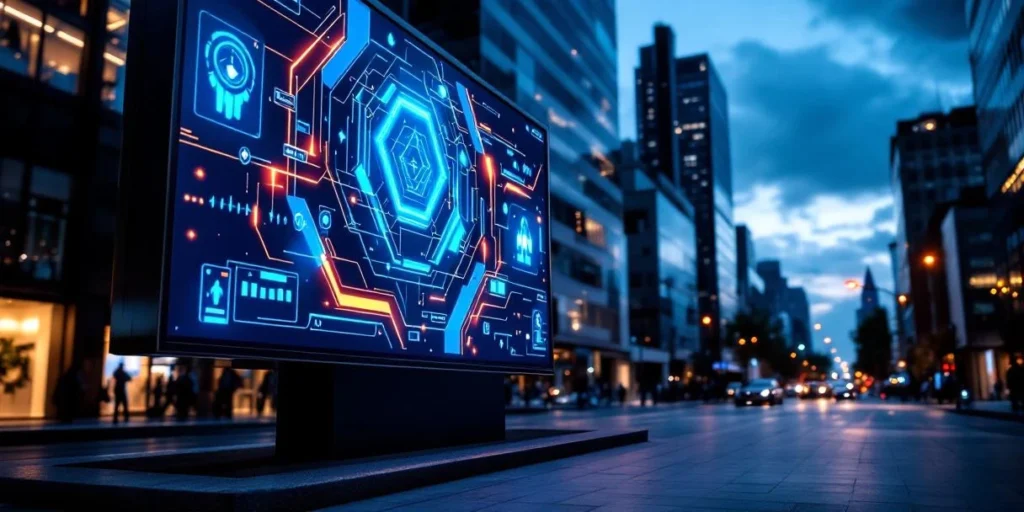 Digitaal reclamebord met interactieve gaming-interface en neon-elementen op moderne stadsstraat bij schemering