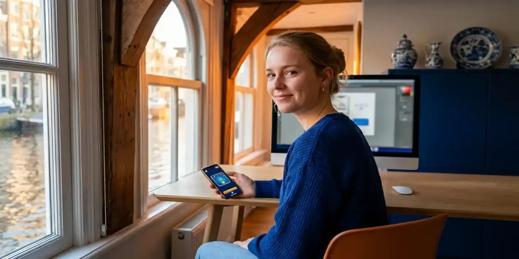 Jonge Nederlandse vrouw speelt mobiel spel op smartphone in Amsterdams grachtenpand met warme middaglichtinval.