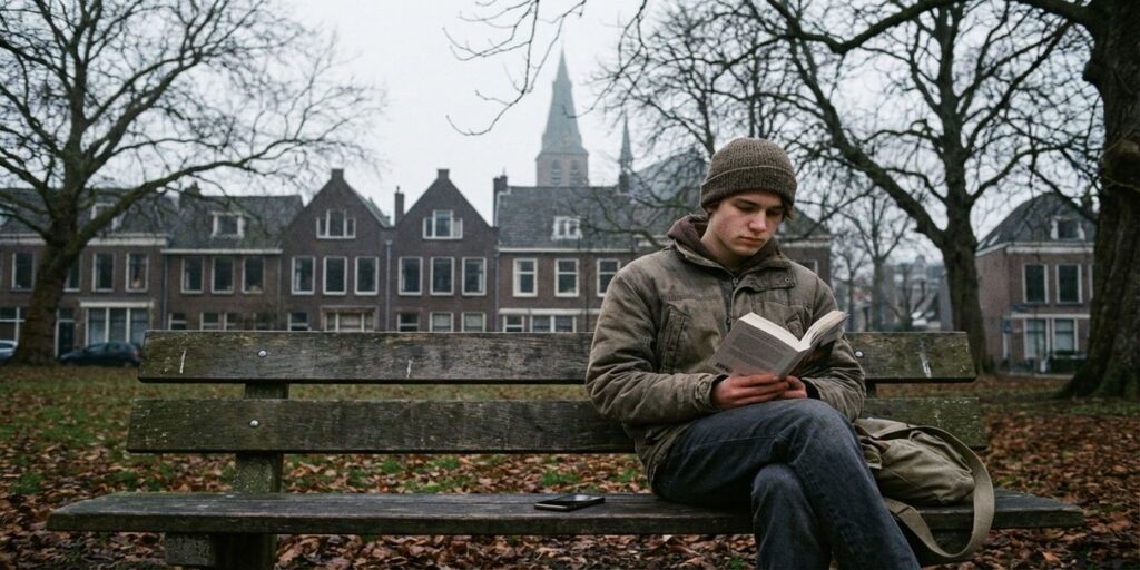 Jongere leest boek op bankje in Nederlandse park met traditionele bakstenen gebouwen en kale winterbomen op achtergrond