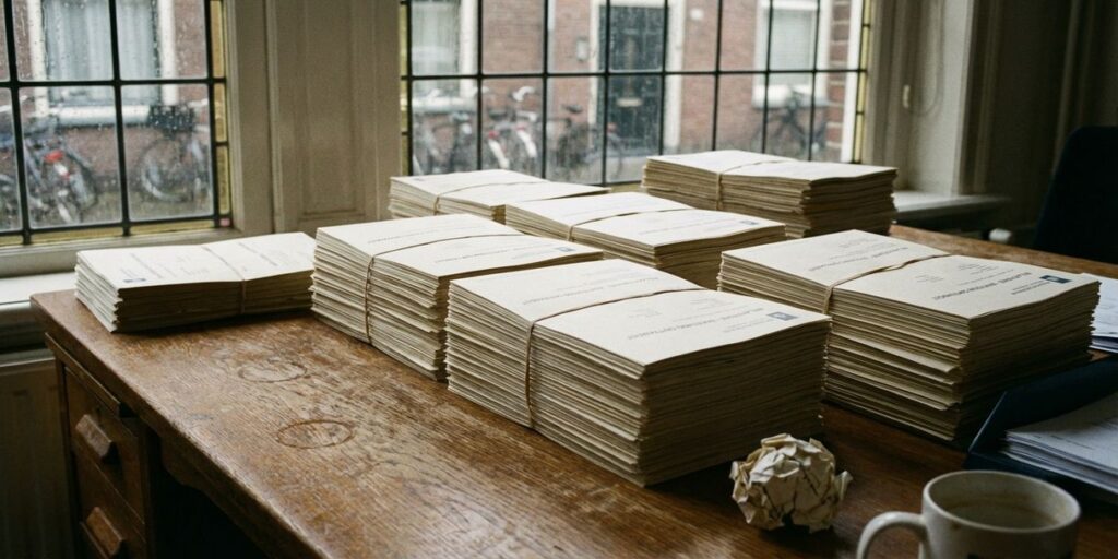 Stapels identieke documenten op houten bureau met verfrommelde papierbal, kantooromgeving met regenachtig daglicht
