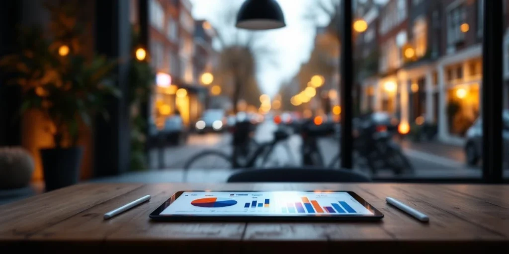 Tablet met kleurrijke datavisualisaties op houten bureau in modern Nederlands kantoor met uitzicht op grachtenhuizen