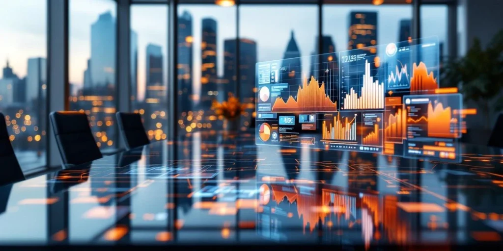 Moderne Nederlandse kantoorruimte met digitale schermen die analytics tonen, Amsterdam skyline op achtergrond