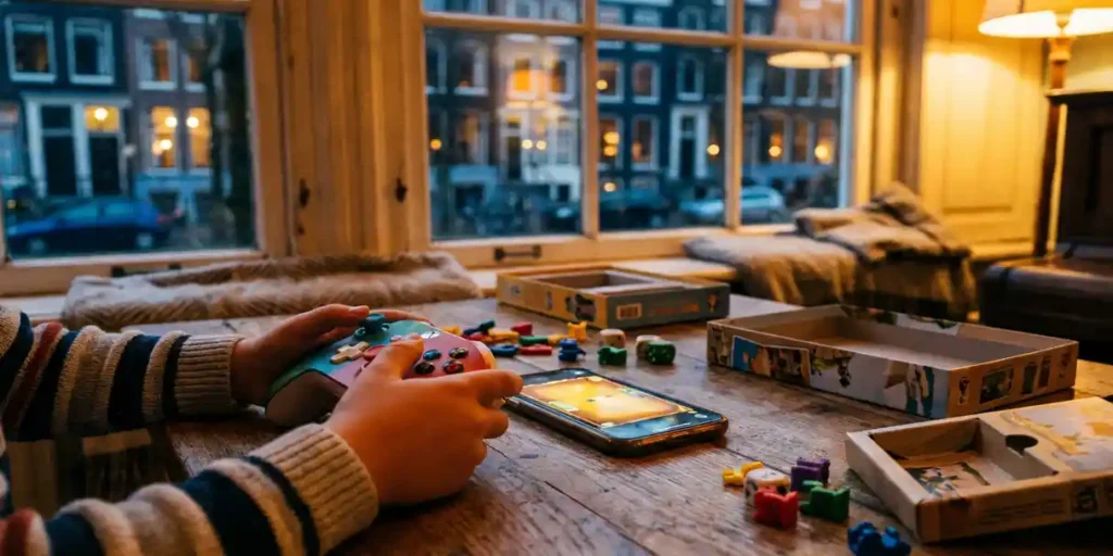 Kind houdt kleurrijke gamecontroller vast bij speelgoed op houten tafel, met Amsterdamse grachtenhuisramen op de achtergrond.