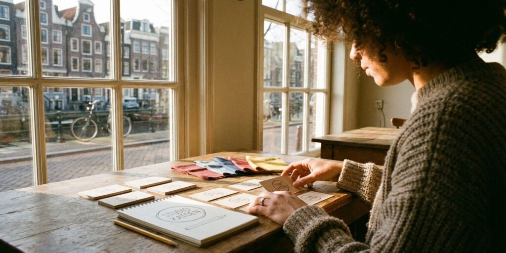 Ondernemer organiseert merkmateriaal aan houten bureau in Amsterdams café met grachtzicht door grote ramen