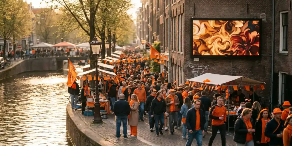 Oranje feestmenigte op een Amsterdamse gracht tijdens Koningsdag met DOOH-scherm op gevelbouw in gouden middaglicht.