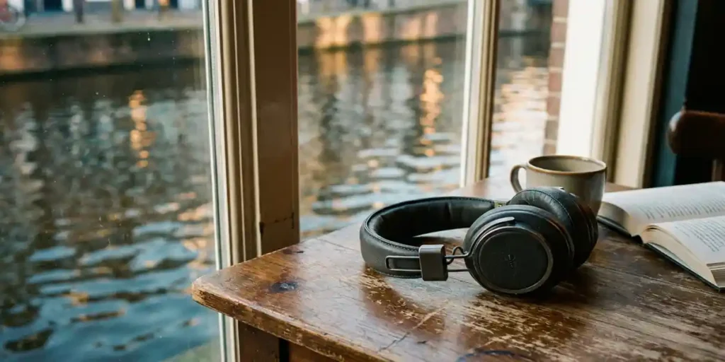 Over-ear koptelefoon op een verweerde houten cafétafel bij een Amsterdams gracht, warm ochtendlicht door hoge ramen.