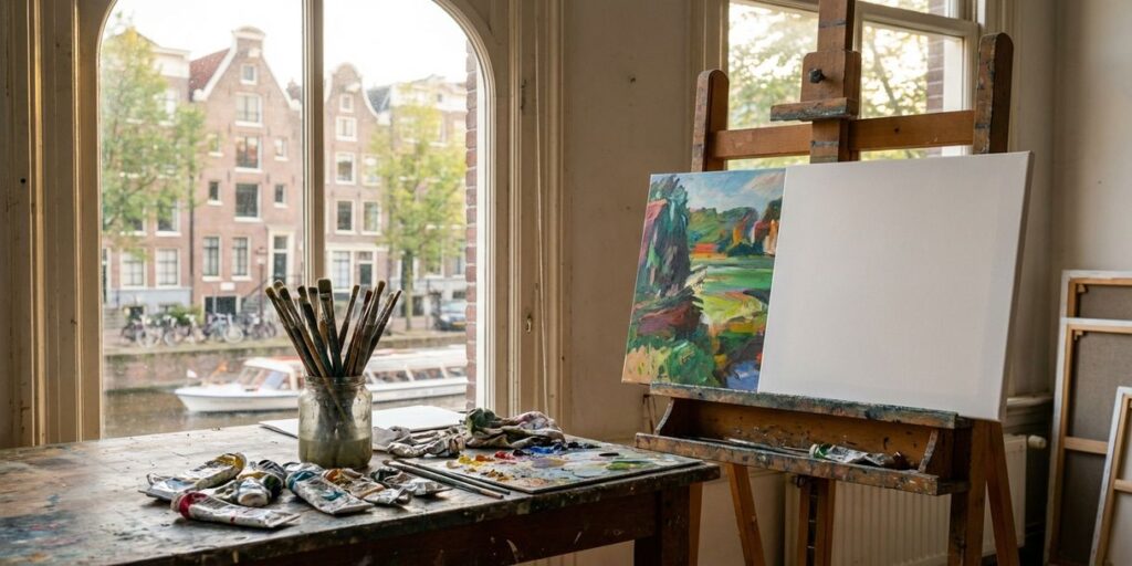 Kunstenaarswerkplek met schildersezel, half afgeschilderd doek en lege canvas bij raam met uitzicht op Amsterdamse gracht