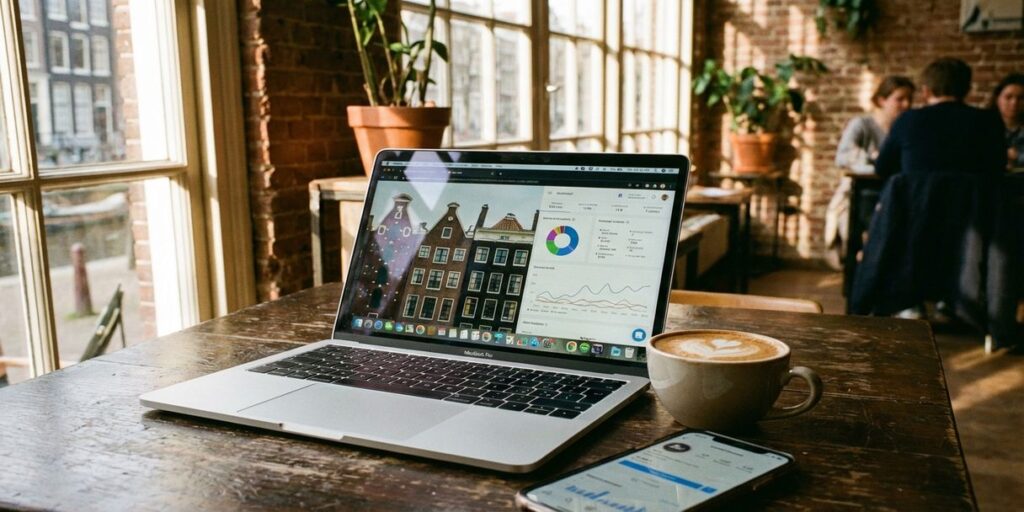 Laptop met kleurrijke analysegrafieken op houten cafétafel in Amsterdam, koffie en smartphone met social media statistieken ernaast