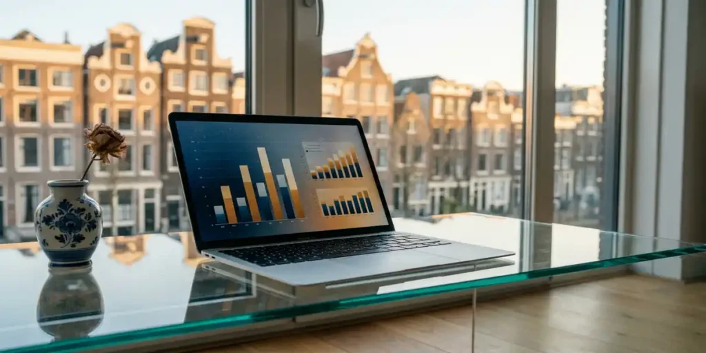 Laptop met campagne-analytics op glazen bureau, Amsterdamse grachtenpanden zichtbaar door raam, Delfts blauwe keramiek op voorgrond.
