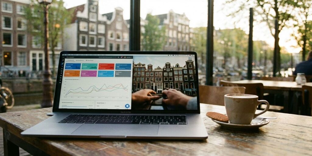 Laptop met sociale media analytics op houten café tafel, Amsterdam grachtenhuizen weerspiegeld in scherm