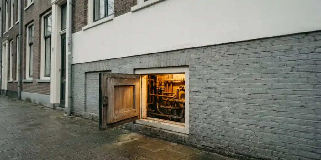 Koperen leidingen zichtbaar achter open inspectieluik in witte Amsterdamse grachtenpandmuur, warm amber licht contrasteert met grijze bakstenen gevel.