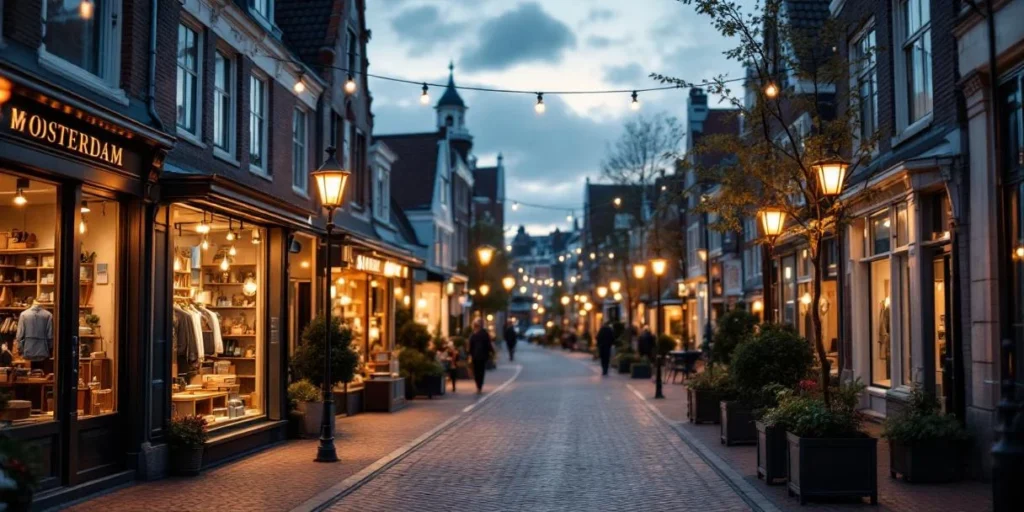 Lokale retailer zwaait naar klanten voor traditionele Nederlandse winkelpanden met moderne etalages in levendige winkelstraat