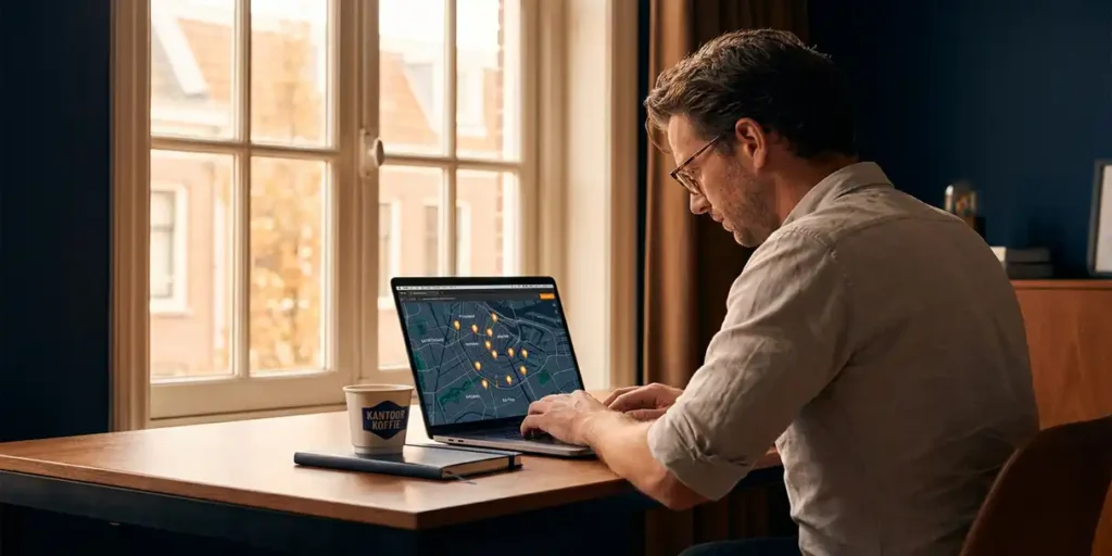 Professional bekijkt verlichte kaart van Amsterdamse grachtengebied op laptop, met locatiepins rond Jordaan en De Pijp, warm ochtendlicht.