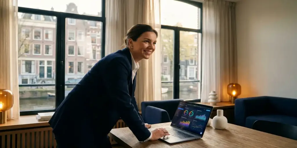 Marketingprofessional analyseert campagnedashboards op laptop in Amsterdams kantoorkantoor met grachtzicht en middagzon.