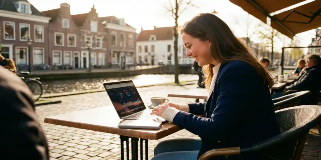 Jonge Nederlandse professional bekijkt campagne-dashboards op laptop op zonnig terras langs Haarlems bakstenen kanaal.
