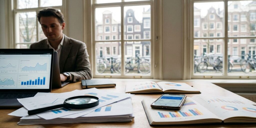 Marketing analist aan bureau met laptop, analytics grafieken, rapporten en meetinstrumenten in Amsterdam kantoor